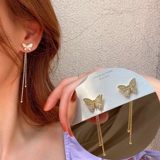 Korean Trendy Long Tassel Zircon Butterfly Drop Earrings for Women Gold Color Fashion Hanging Earrings Girls Party Jewelry Gift